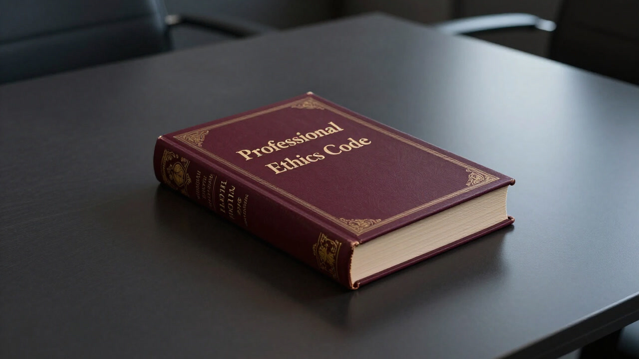 Photo of a thick 'Professional Ethics Code' handbook carelessly placed on a conference table