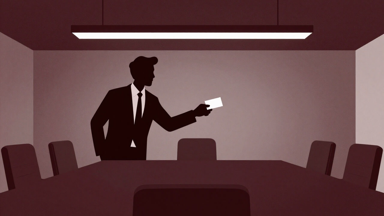 Silhouette of a businessman handing out business cards with a broad smile in a conference room