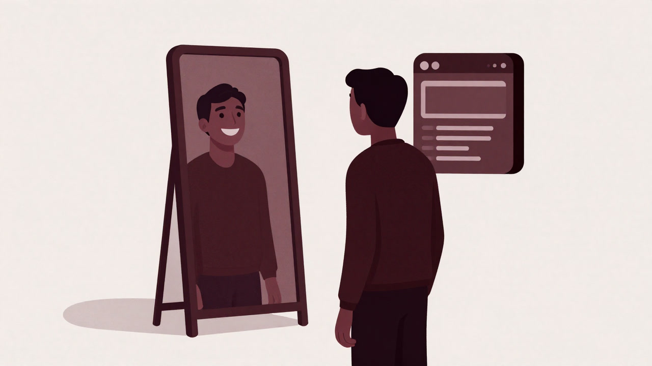 鏡の前で作り笑顔を練習する人と浮かない表情のプロフィール欄のイメージ