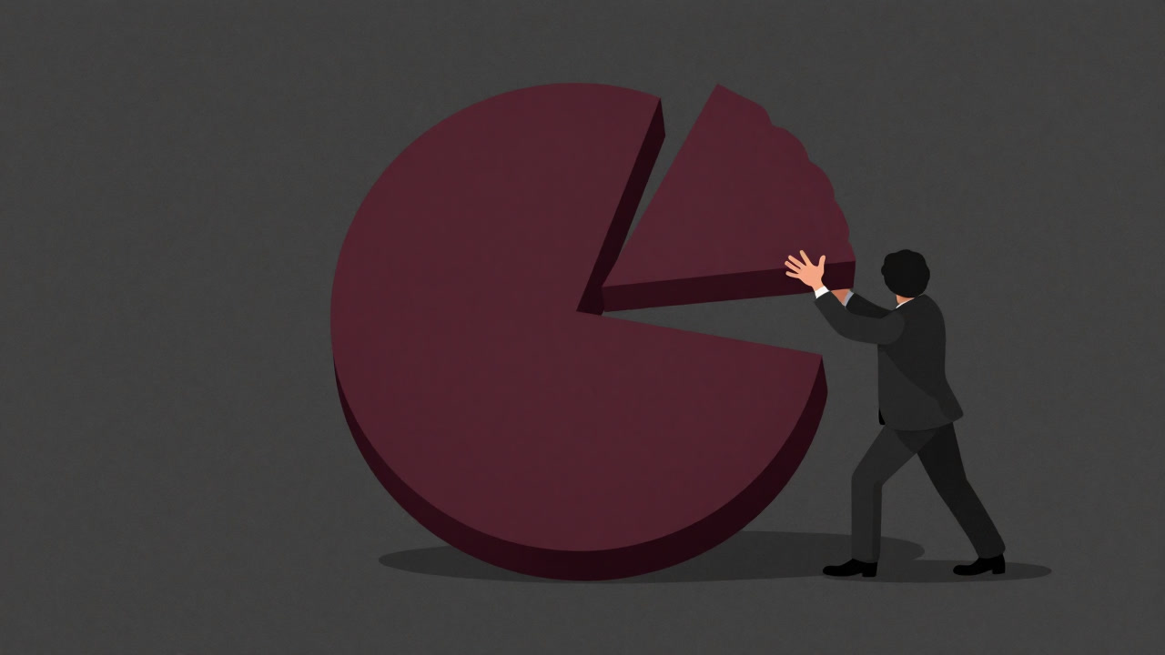 Illustration of a pie being sliced with a company grabbing the largest slice