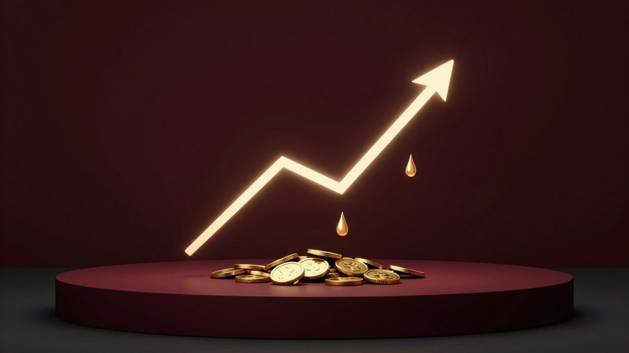 金貨と汗のしずくにまみれたグラフが闇夜に浮かぶイメージ