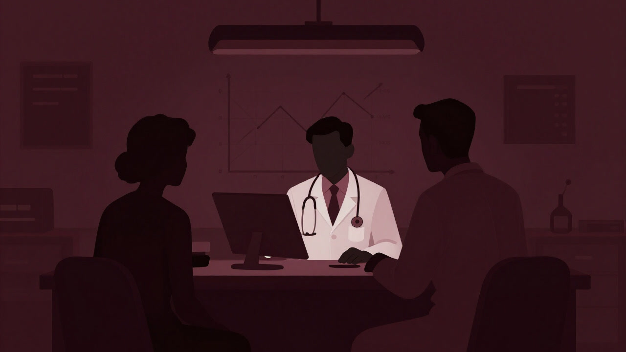 Silhouettes of patient and doctor in a dim clinic corner, fixed on a chart inscribing the future.