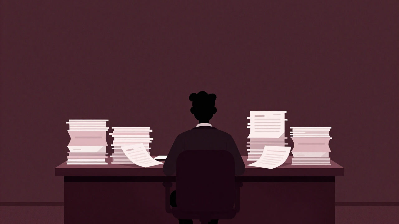 Image of a silhouetted manager staring blankly at piles of documents on a conference table