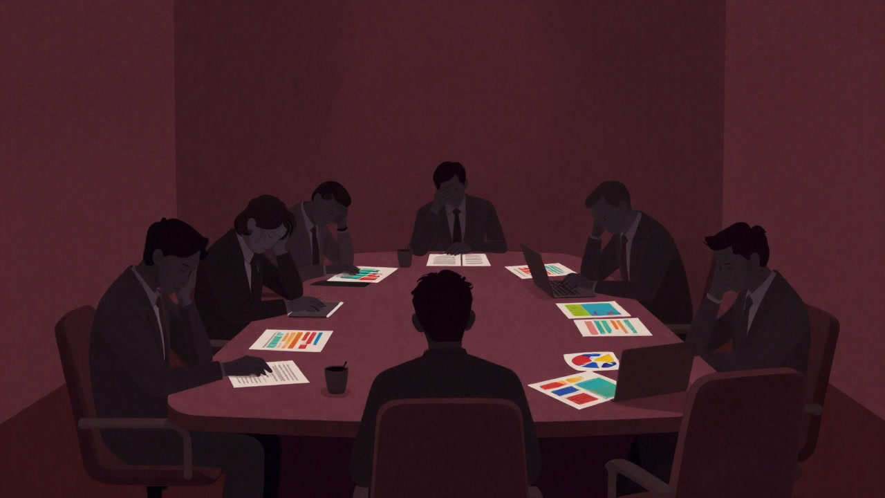Silhouettes of weary participants around a conference table filled with progress documents