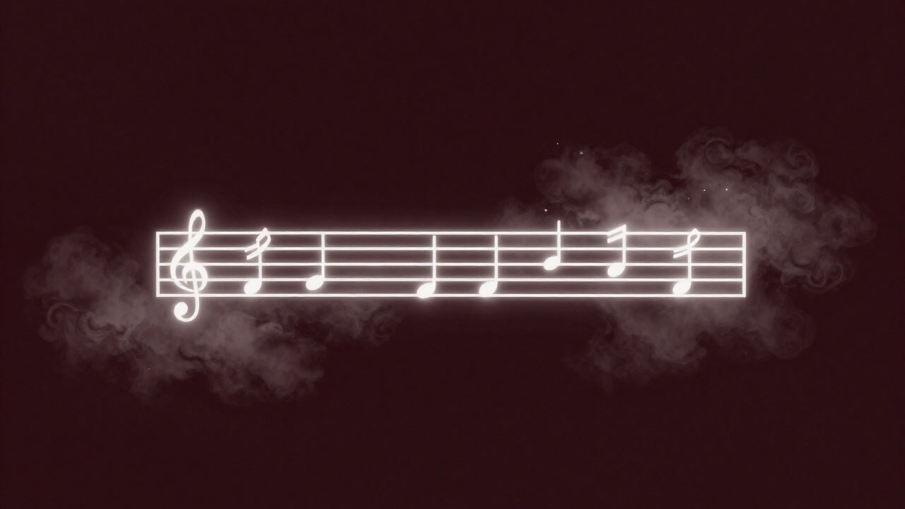 A dark background with a glowing musical staff showing chord symbols, surrounded by swirling chords in mist