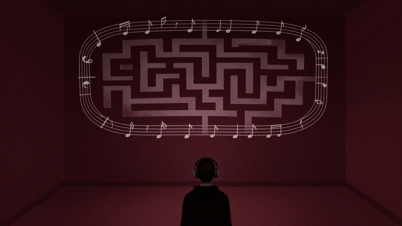 暗い部屋でヘッドフォンを装着し、複雑に絡み合う五線譜の迷宮を見つめる人物のシルエット