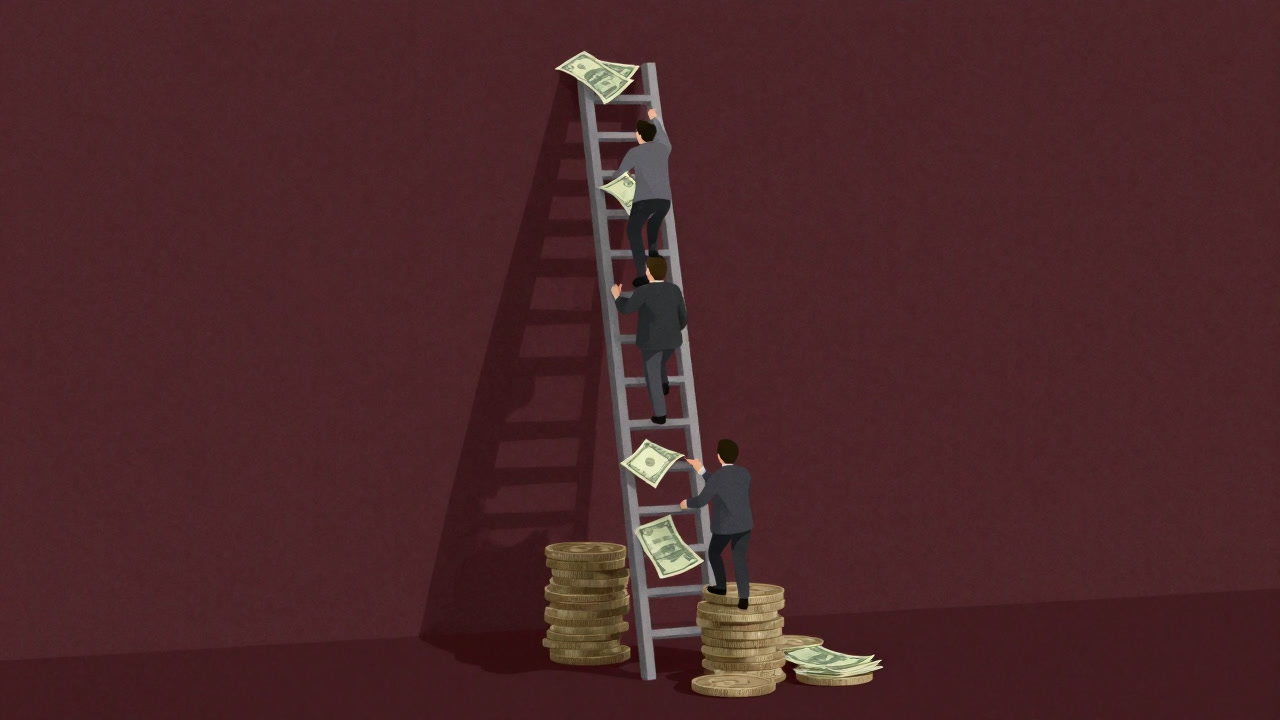 金貨と紙幣を段階的にすり減らす梯子を登る人々のイラスト