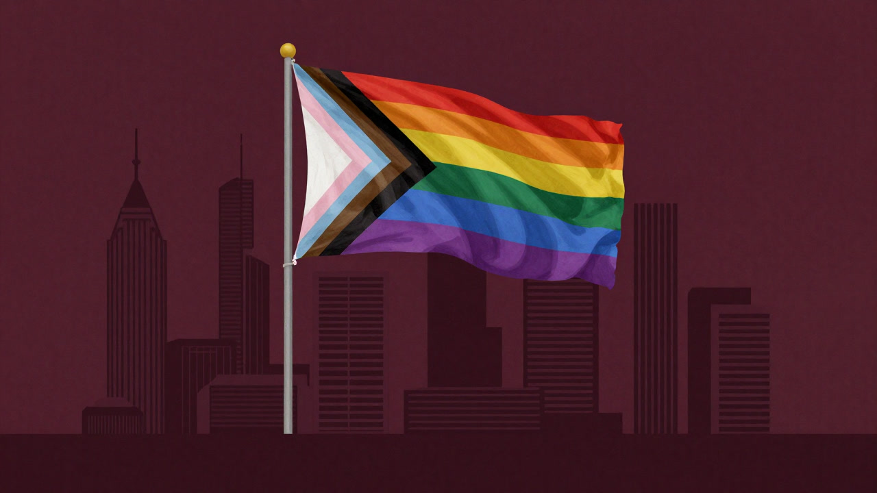 An abstract rainbow-colored flag symbolizing progressivism waving against a backdrop of modern buildings
