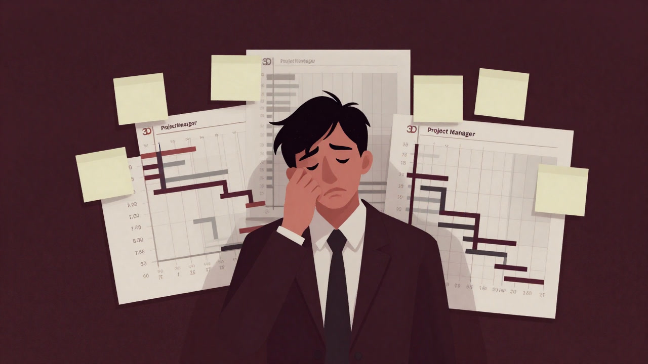 Illustration of a weary project manager staring blankly while surrounded by sticky notes and Gantt charts