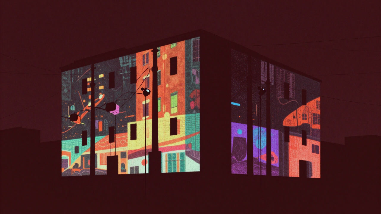 A dynamic projection mapping scene on the facade of a large building in a dark venue.