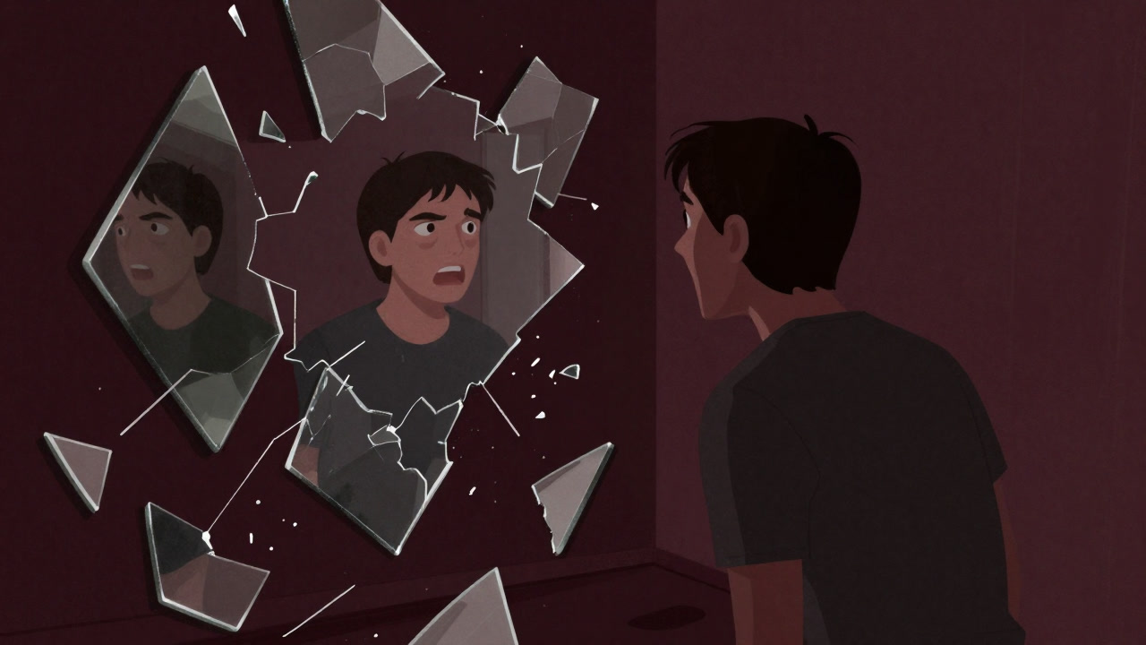 鏡の破片に映る自分を他人だと思い込んで話しかける人のイラスト