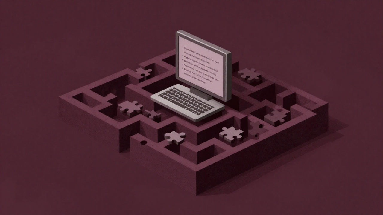 Illustration of a computer tangled in a maze of logic puzzles looking bewildered