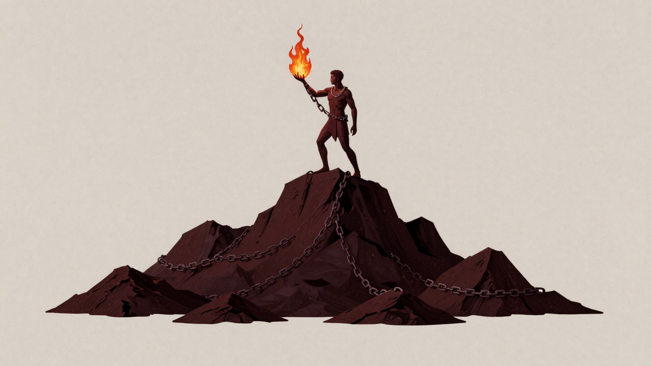 Mythical depiction of Prometheus chained to a rocky mountain holding a burning flame