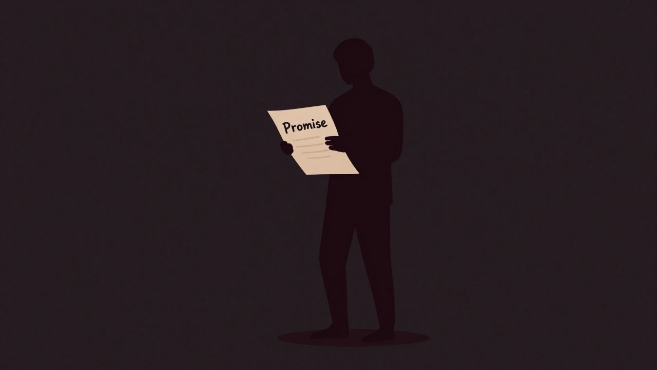 Silhouette of a person holding a document of promise while averting their gaze.