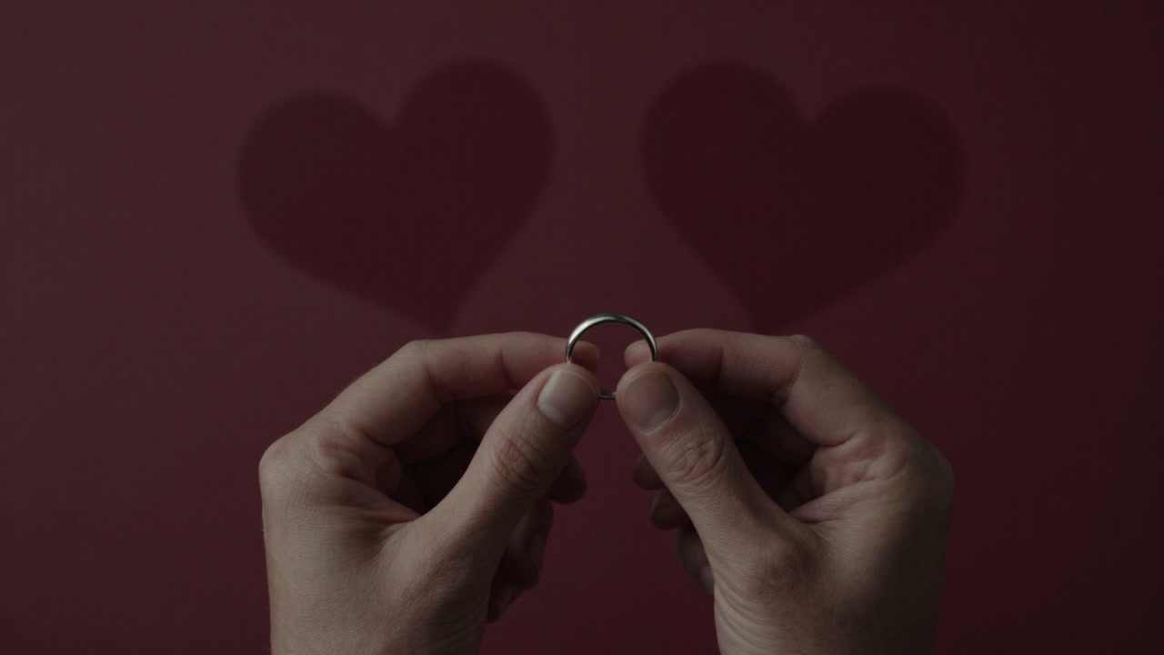 小さな銀色の輪を手の指先で見つめるカップル、背景はぼんやりとしたハート模様