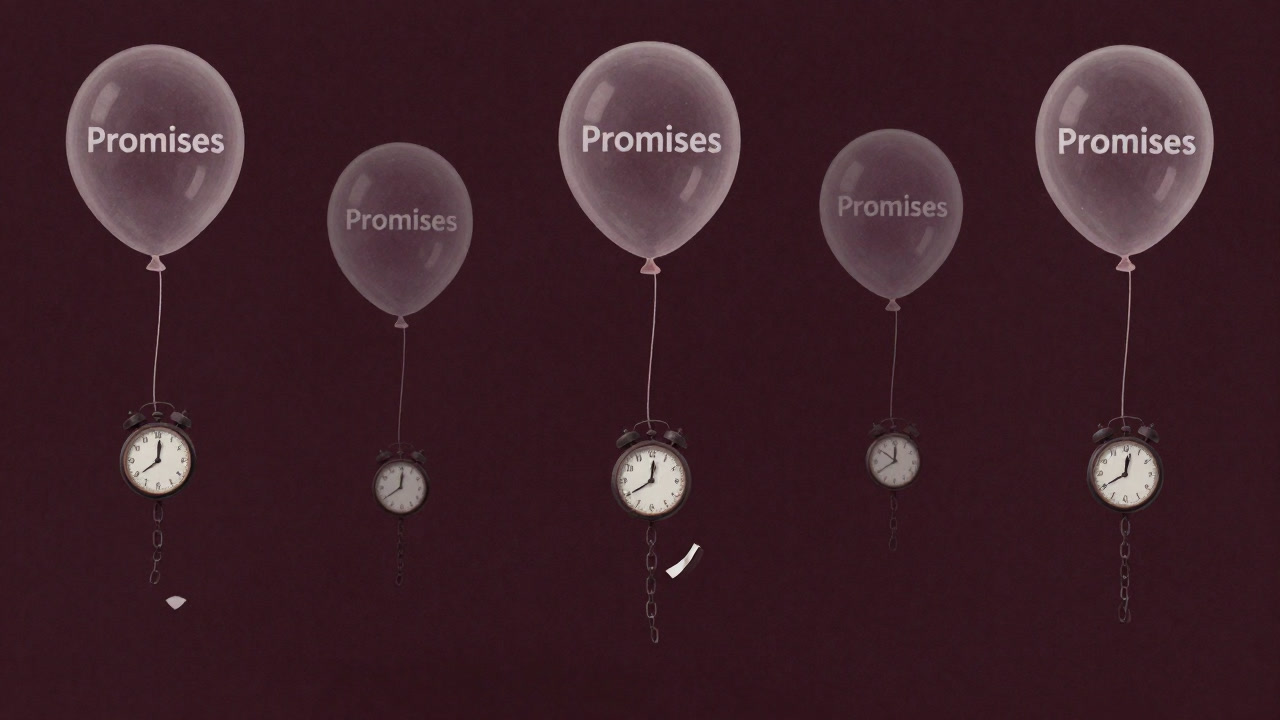 未来を担保に空っぽの約束が宙に舞うイメージ