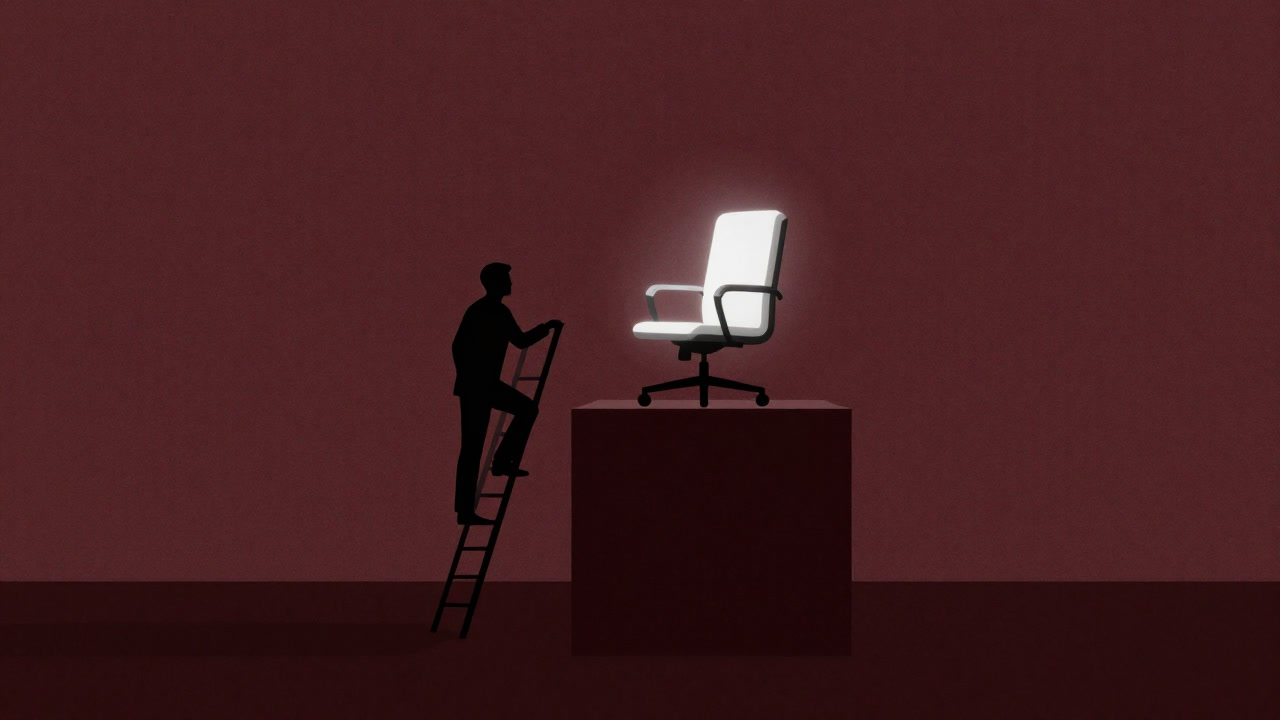 社長席に立てかけられた階段を昇ろうとするビジネスマンの影絵