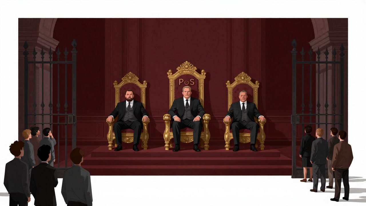 Illustration of wealthy figures gathered on a luxurious throne with common folk praying at the gate.