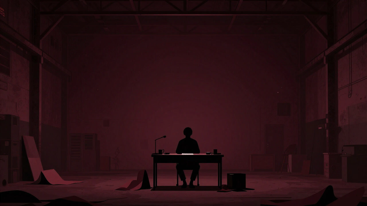 Silhouette of a prop designer seated at a desk surrounded by props in an old warehouse.