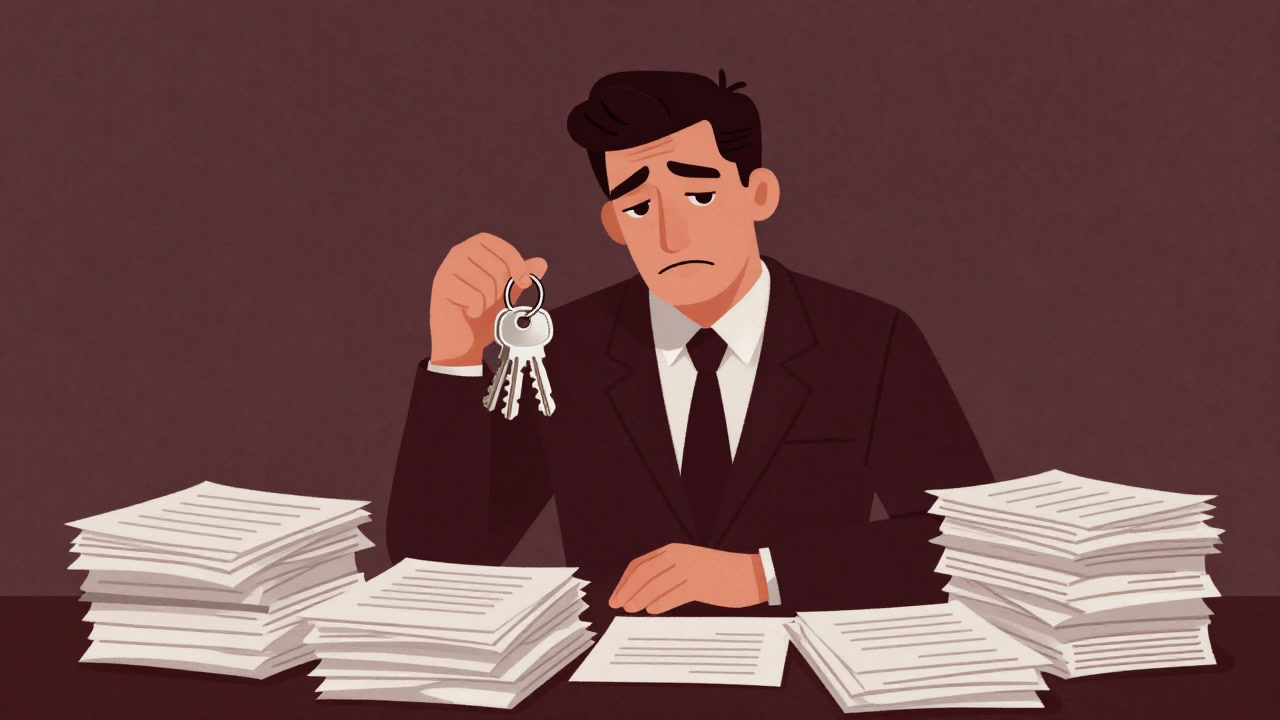 書類に埋もれ、ため息をつきながら鍵束を持つ管理担当者のイラスト