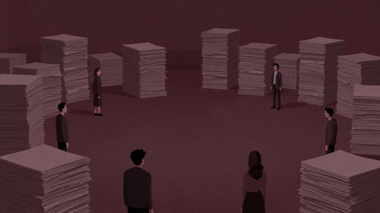 Illustration of anxious people facing a vast plot of land, overlooked by a mountain of contracts.