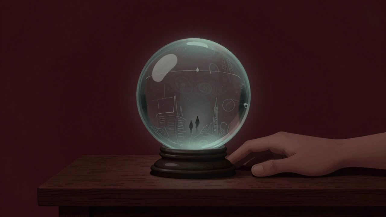 古びた水晶玉の中にぼんやりと映る未来の風景を見つめる手元のイラスト