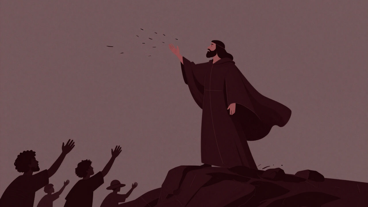 古い石の丘で風に言葉を乗せて未来を叫ぶ預言者のイラスト