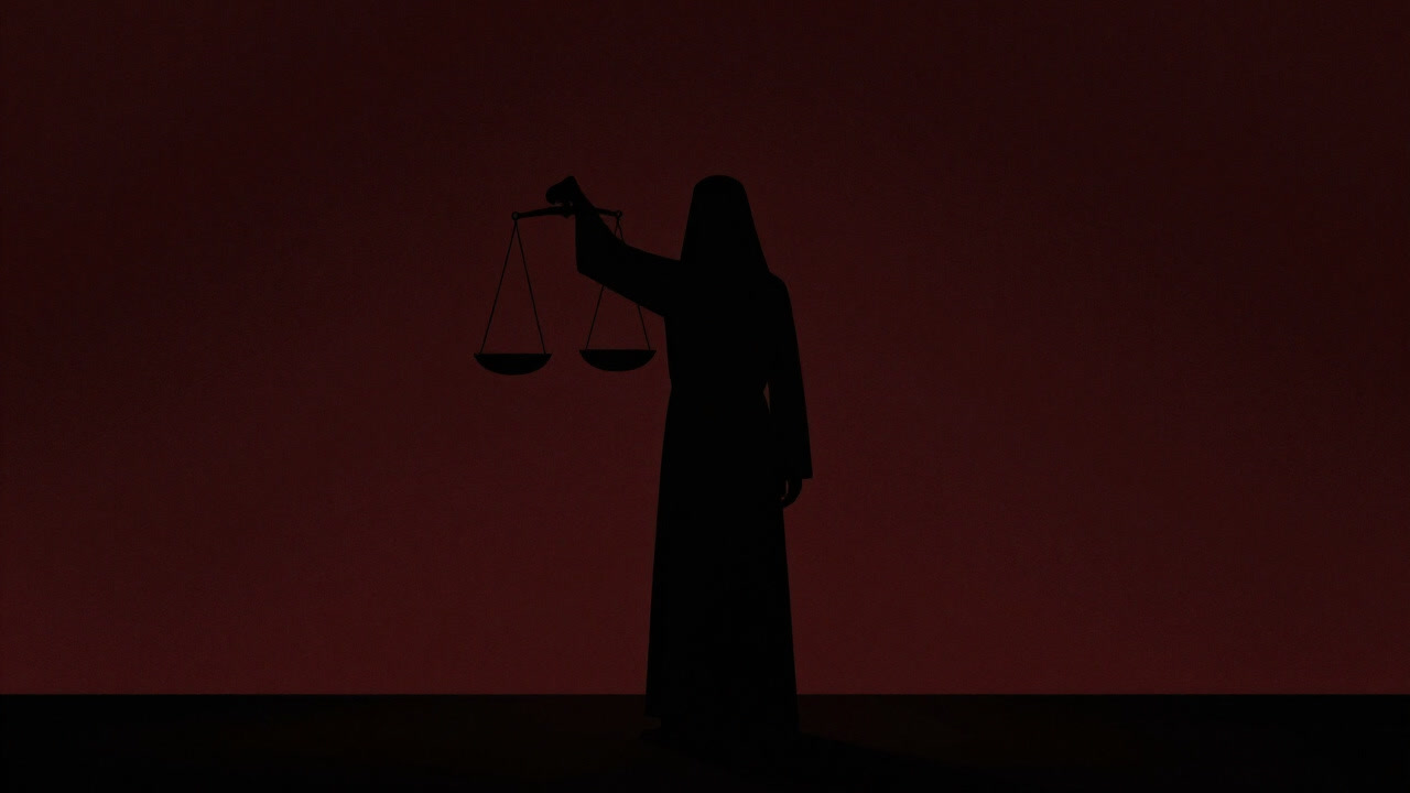 Silhouette of a prophet standing at a dark podium holding scales, foretelling the future