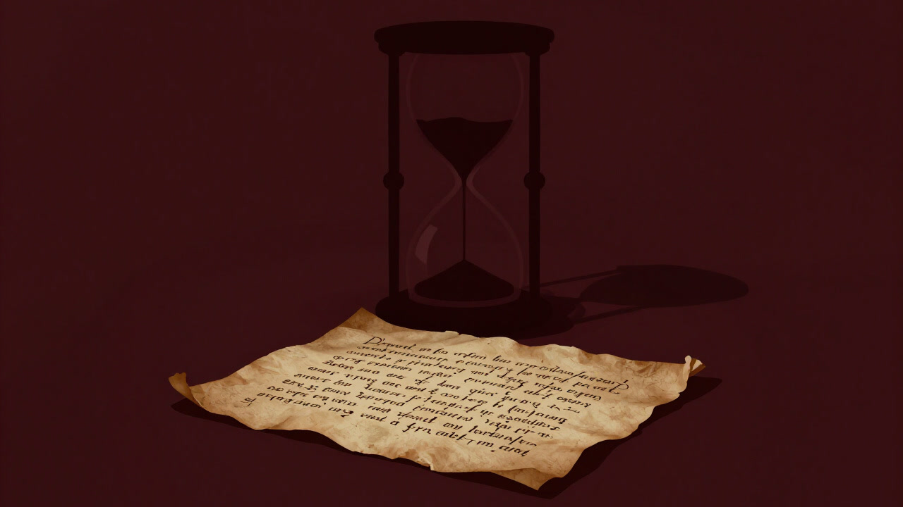 古びた羊皮紙に刻まれた謎めいた詩句と、背景にぼんやり浮かぶ砂時計の影