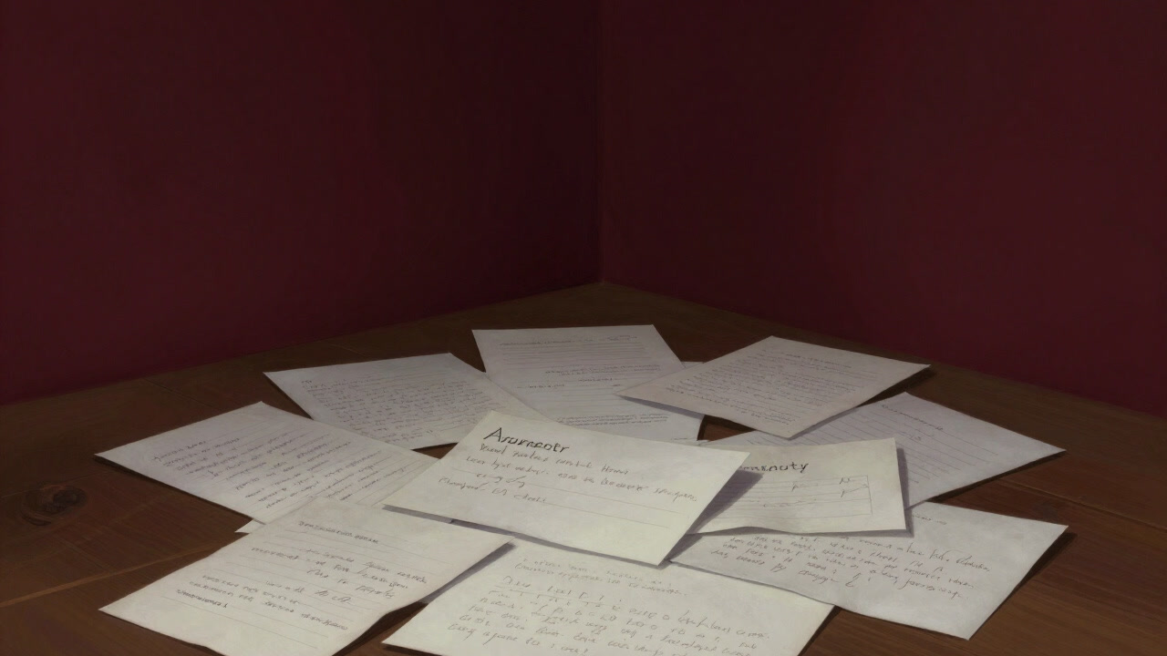 Image of a table piled high with letters of apology in the corner of a quiet room, prepared for appeasement.
