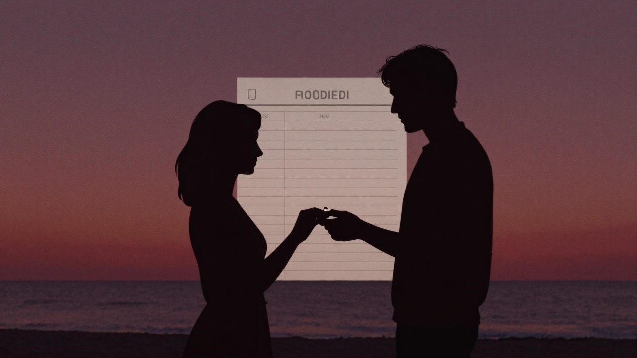 Silhouetted couple by the seaside at sunset, offering a ring