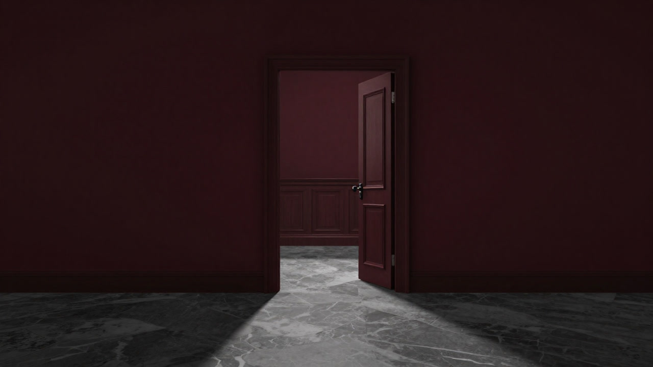 法廷のドアが重々しく開き、影が廊下に伸びる写真