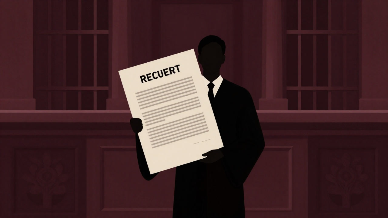 Silhouette of a prosecutor standing before the bars of the courtroom cage, wielding an indictment like a shadowy power.