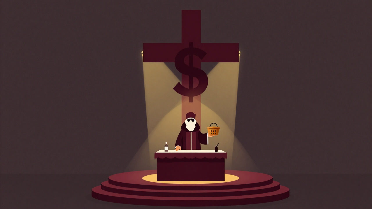 祭壇の前で金色のライトを浴びながら寄付を促す説教師と、その背後に描かれたドル記号の巨大な十字架のイラスト