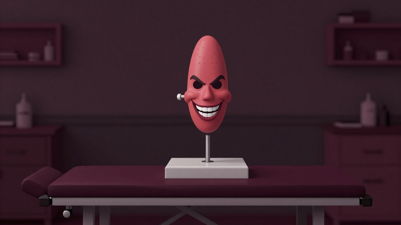 診察室のテーブルに置かれた前立腺模型が、不敵な笑みを浮かべているイラスト