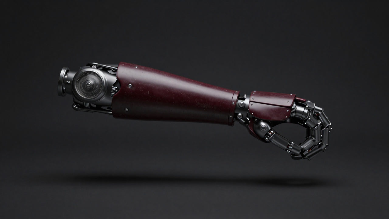 Image of a glossy metal and resin prosthetic limb under bright surgical lights, exuding an imposing presence