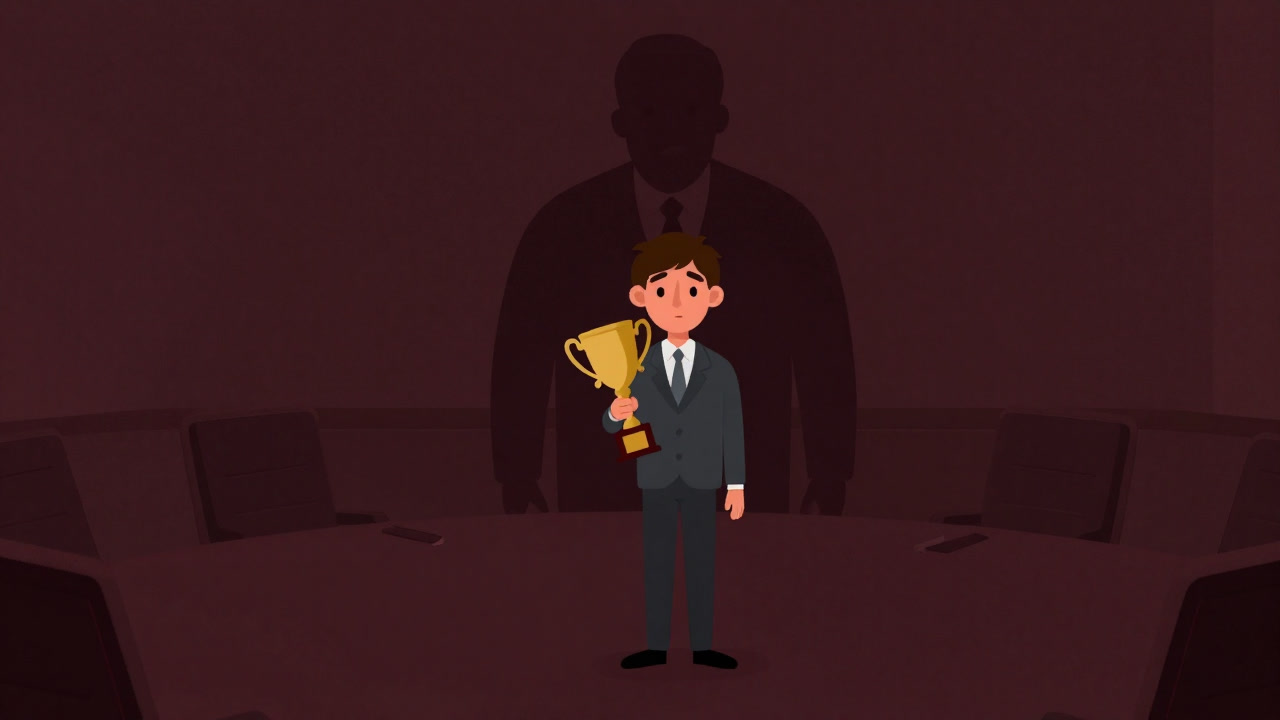 In a dim meeting room corner, a youthful figure stands like a shadow with a senior silhouette watching over