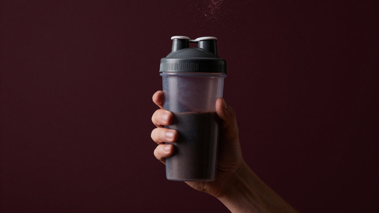 Image of a shaker held tightly, protein powder particles floating in air against a dark background