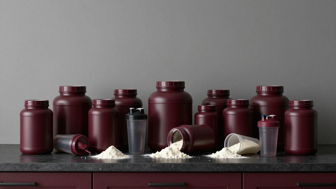 プロテインシェイクの粉末が山と化したキッチンのカウンターを映した風景