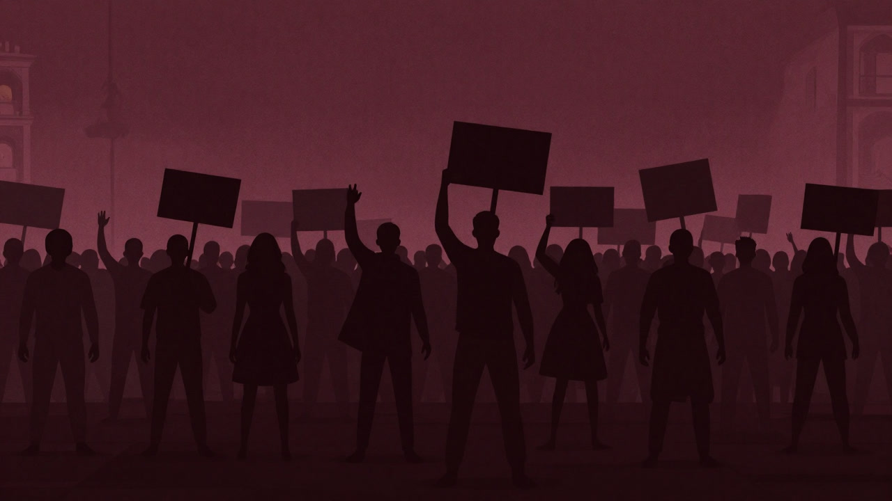 Silhouette of a crowd holding placards and shouting loudly