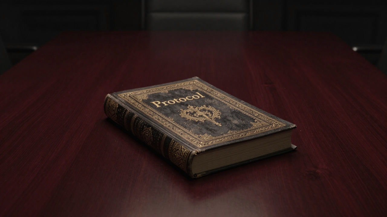 Image of an old ritual manual placed on a solemn conference table