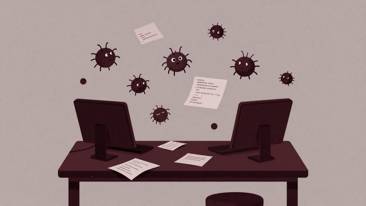 Fragments of code and bugs scattered on a makeshift table as if dancing