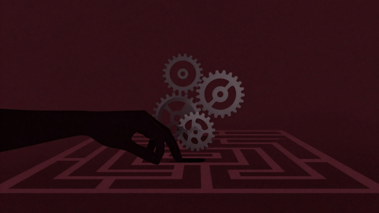 Illustration of an eerie hand manipulating a labyrinth of gears in the darkness