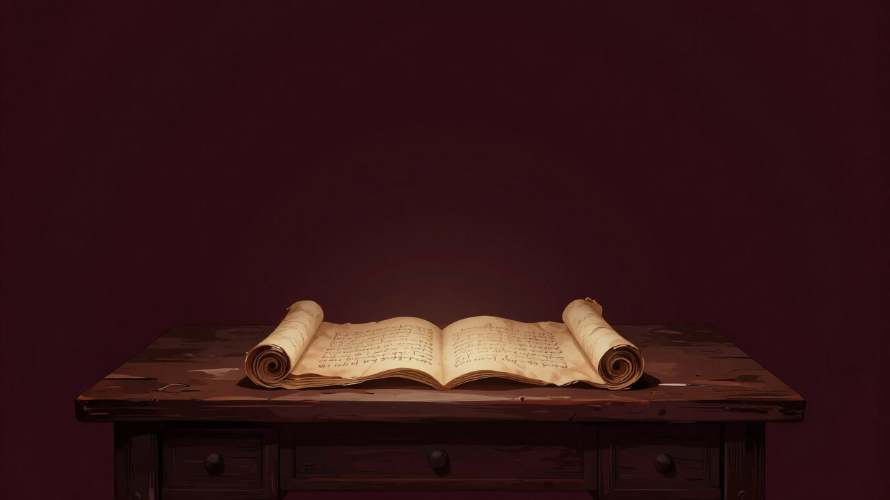 薄暗い写字室に置かれた古びた巻物。表紙には怪しげな筆跡で「偽典」とだけ書かれている。