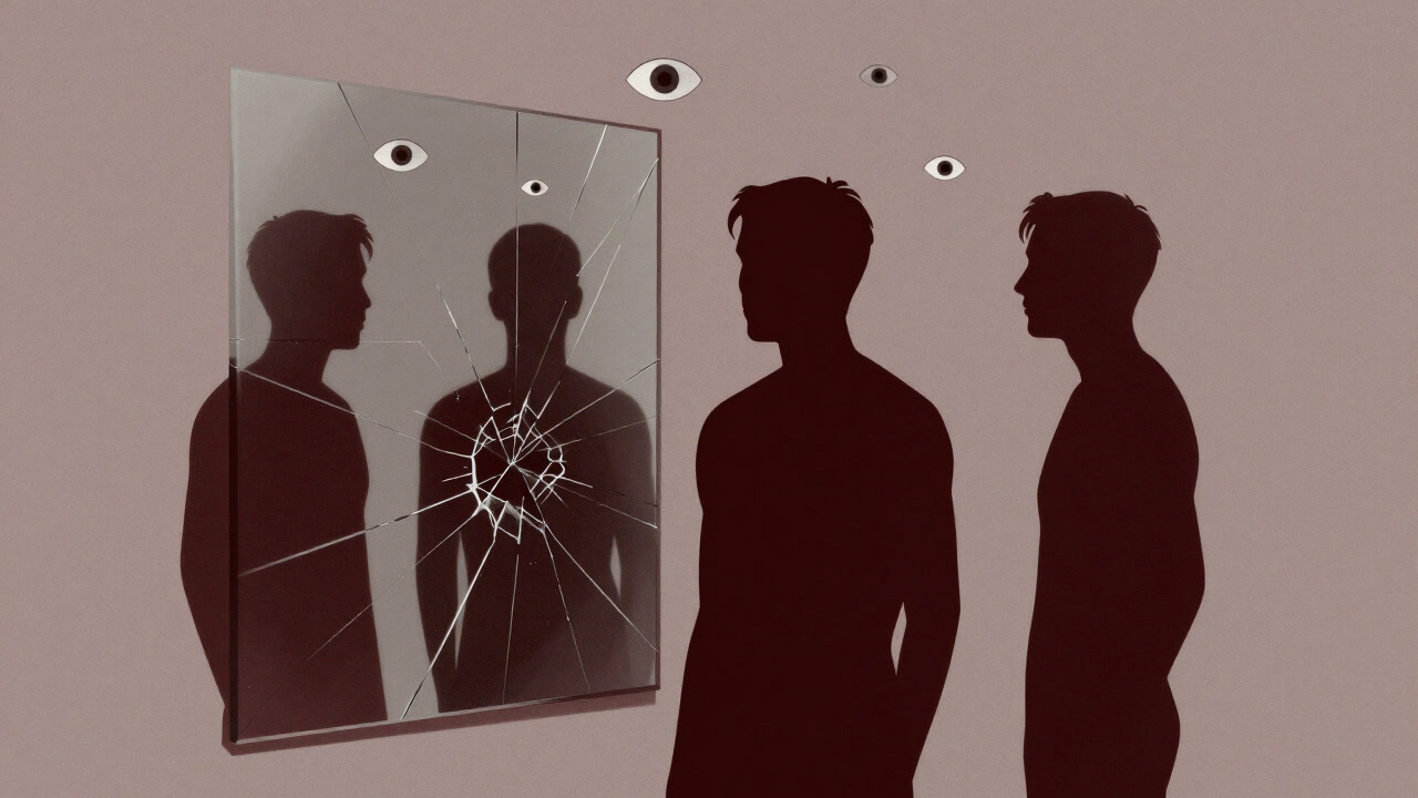 A silhouette talking to its reflection in front of a mirror, surrounded by countless small floating eyes in a surreal space.