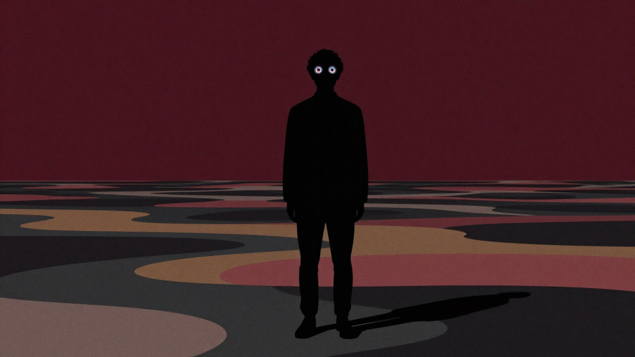 万華鏡のように歪んだ空間で、幻想に満ちた瞳を持つ人物のシルエット