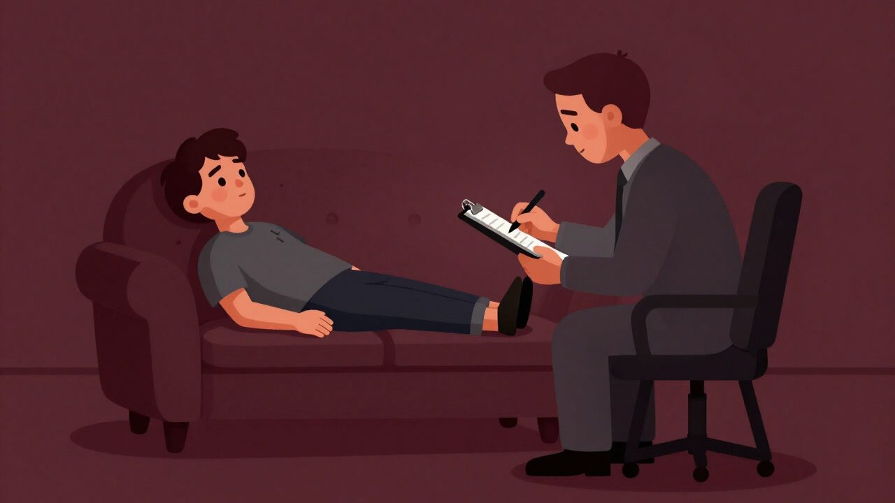 アナリストの書斎で、カウンセリングソファに横たわる患者の背後でノートを取る人形のようなセラピストの画像