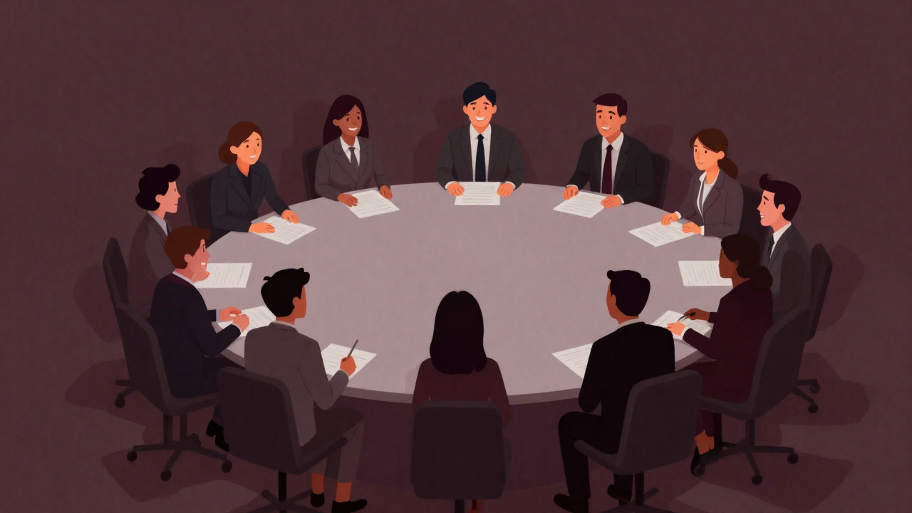 Illustration of a conference room of people smiling in a circle while secretly shaking inside