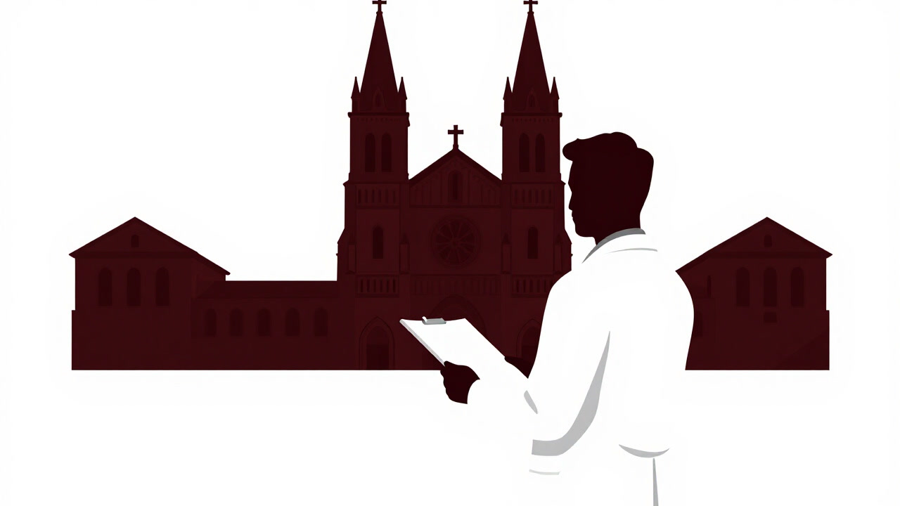 Silhouette of a researcher in a lab coat holding survey papers against a church background.