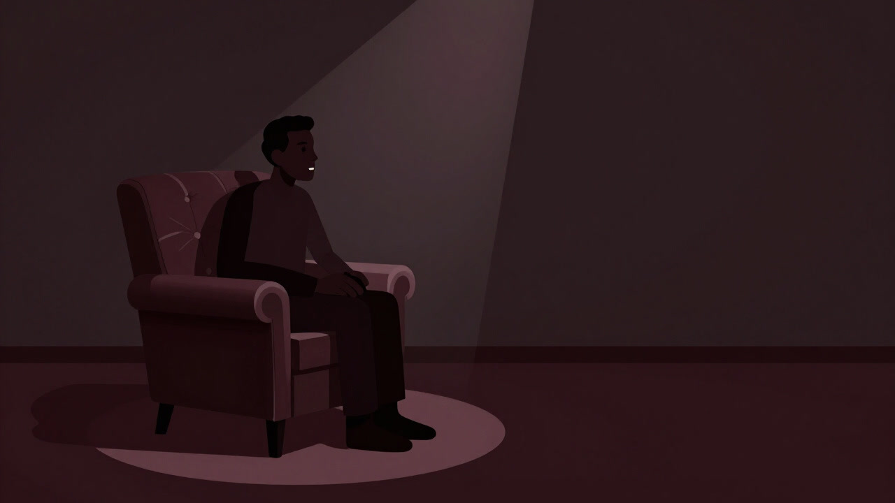 暗い部屋の隅で、重厚な椅子に座っている人物が心の奥底を語る様子を示すイラスト